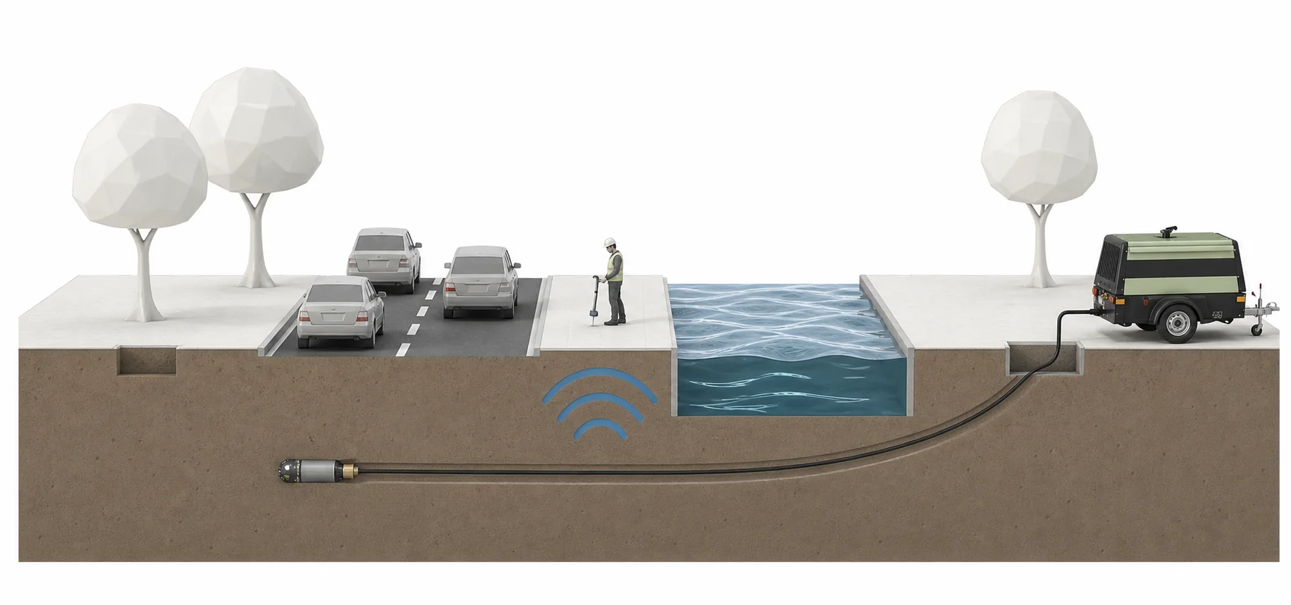 Ilustración del proceso de perforación horizontal Henez bajo una vía y un cruce de agua
